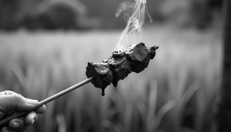 Smoked meat skewer held over blurred field backgroundの写真素材