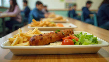 School Lunch Tray with Sausage, Fries and Salad