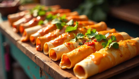 Enchiladas plated with vibrant toppings served on wooden boardの写真素材