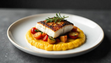 Pan seared fish fillet on polenta with blistered tomatoesの写真素材