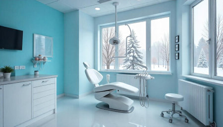 Bright modern dentist office with winter snowy backdrop sceneryの写真素材