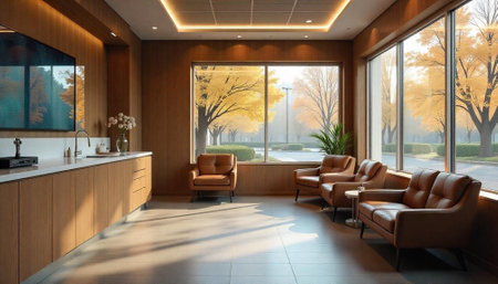 Modern waiting room area with view of autumn trees