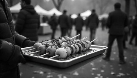 Candied apples being carried through the crowd at a fair