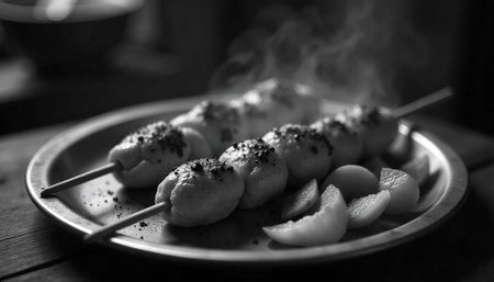 Grilled mochi on skewers served on metal plate