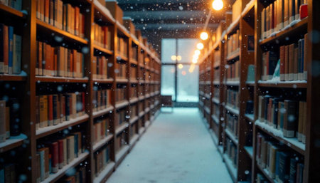 Snowy library aisle with wooden shelves full of booksの写真素材