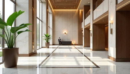 Elegant lobby with seating area, plants and modern design