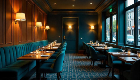 Elegant restaurant interior with set tables and stylish designの写真素材