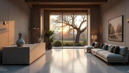 Minimalist interior with large window overlooking sunset tree view