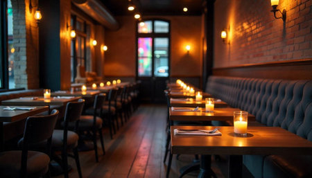 Cozy restaurant interior featuring candlelit tables and exposed brickの写真素材