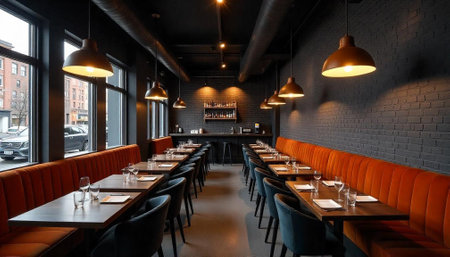 Elegant restaurant interior with dark walls and soft lightingの写真素材