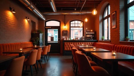 Elegant Restaurant Interior with Warm Lighting and Brick Wallsの写真素材