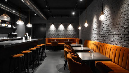 Elegant restaurant interior with bar seating and lounge area
