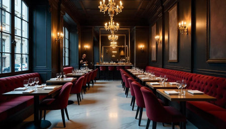 Luxurious restaurant interior with red velvet seating and dark walls