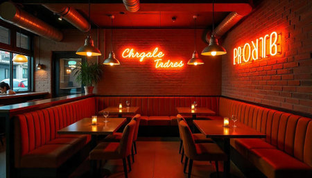 Warm and inviting restaurant interior with vintage industrial aestheticの写真素材