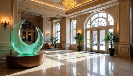 Elegant hotel lobby with sculpture and natural light streaming inの写真素材