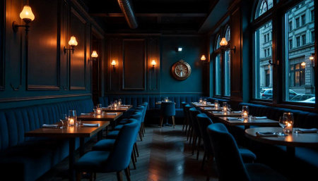 Elegant restaurant interior with dark teal and warm lightingの写真素材