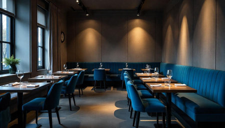 Elegant restaurant interior featuring blue velvet seating and lighting