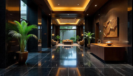 Lobby entrance featuring marble floor and warm lighting.