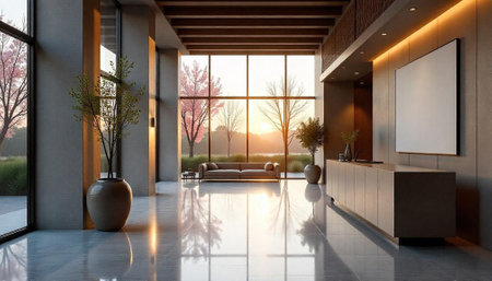 Modern interior with natural light and landscape view through windowsの写真素材