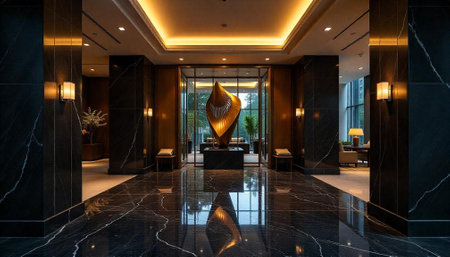 Luxury lobby with golden sculpture and marble floor interiorの写真素材