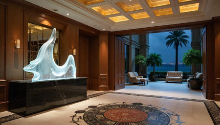 Luxury lobby with sculpture overlooking bay at twilight hourの写真素材