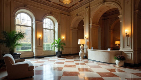 Grand hotel lobby with checkered floors and arched windowsの写真素材