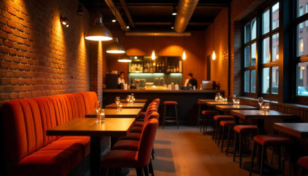 Warm lighting illuminates a trendy restaurant dining area sceneの写真素材
