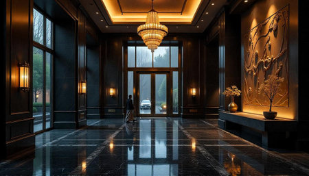 Elegant lobby entrance with chandelier and marble floor reflection