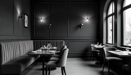Elegant restaurant interior showcasing monochrome design and atmospheric lighting