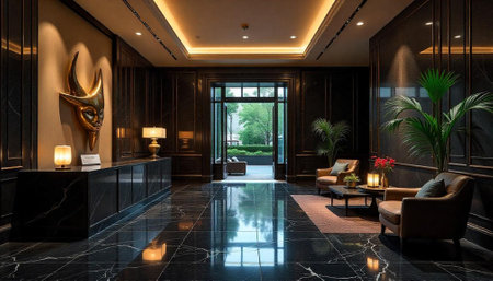 Elegant luxury building lobby with dark marble floorsの写真素材