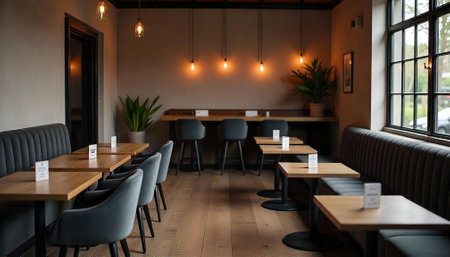 Elegant cafe interior featuring warm lighting and modern furniture