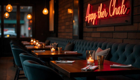 Cozy restaurant interior with warm lighting and elegant detailsの写真素材