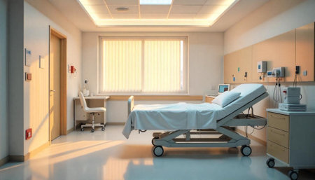 Modern Hospital Room with Adjustable Bed and Bright Lightingの写真素材