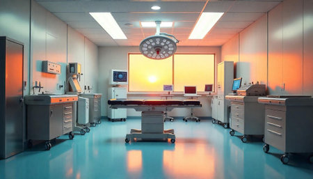 Modern operating room interior with surgical table and equipmentの写真素材