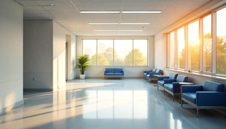 Bright and modern waiting area with comfortable blue seating