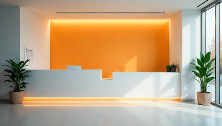 Bright modern office reception area with orange accent wall