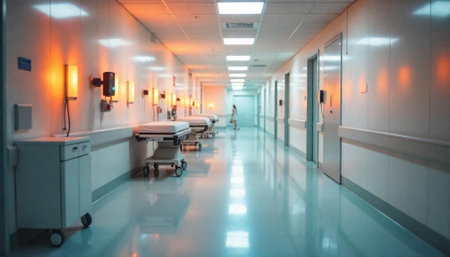 Hospital hallway with gurneys and lights, leading into distanceの写真素材