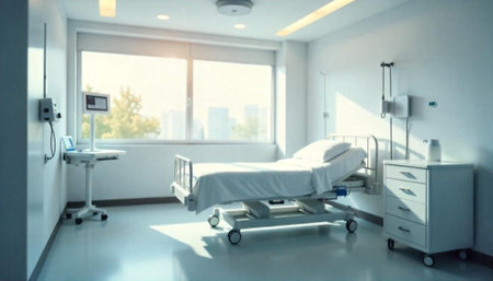 Empty hospital room illustrating healthcare infrastructure and medical facilitiesの写真素材