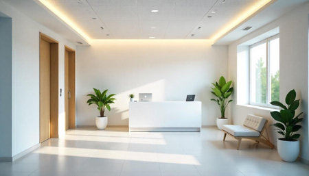 Bright modern office interior with reception desk and plantsの写真素材