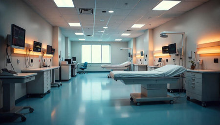 Bright hospital room with beds and medical equipment displaysの写真素材