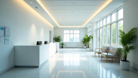 Bright waiting area with reception desk and comfortable seatingの写真素材
