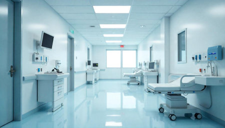 Bright hospital hallway with beds and medical equipmentの写真素材