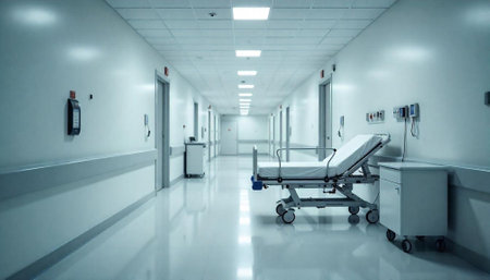 Empty hospital hallway with bed showcases modern medical facilityの写真素材