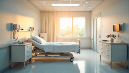 Bright hospital room with bed and medical equipmentの写真素材