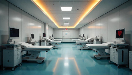 Hospital emergency room featuring beds and medical equipmentの写真素材