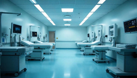 Sterile hospital ward with medical equipment and empty bedsの写真素材