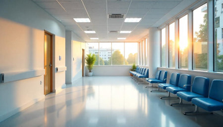 Bright and clean hospital waiting area with empty blue chairsの写真素材