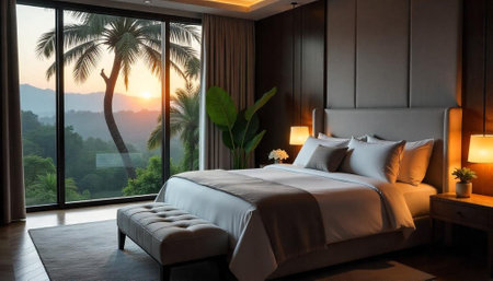Luxurious bedroom with tropical sunrise view and elegant detailsの写真素材