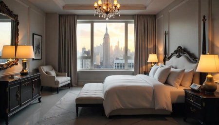 Luxury hotel suite overlooking the New York City skylineの写真素材
