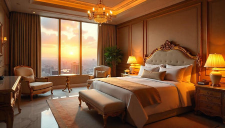 Luxury hotel suite with city view at sunsetの写真素材